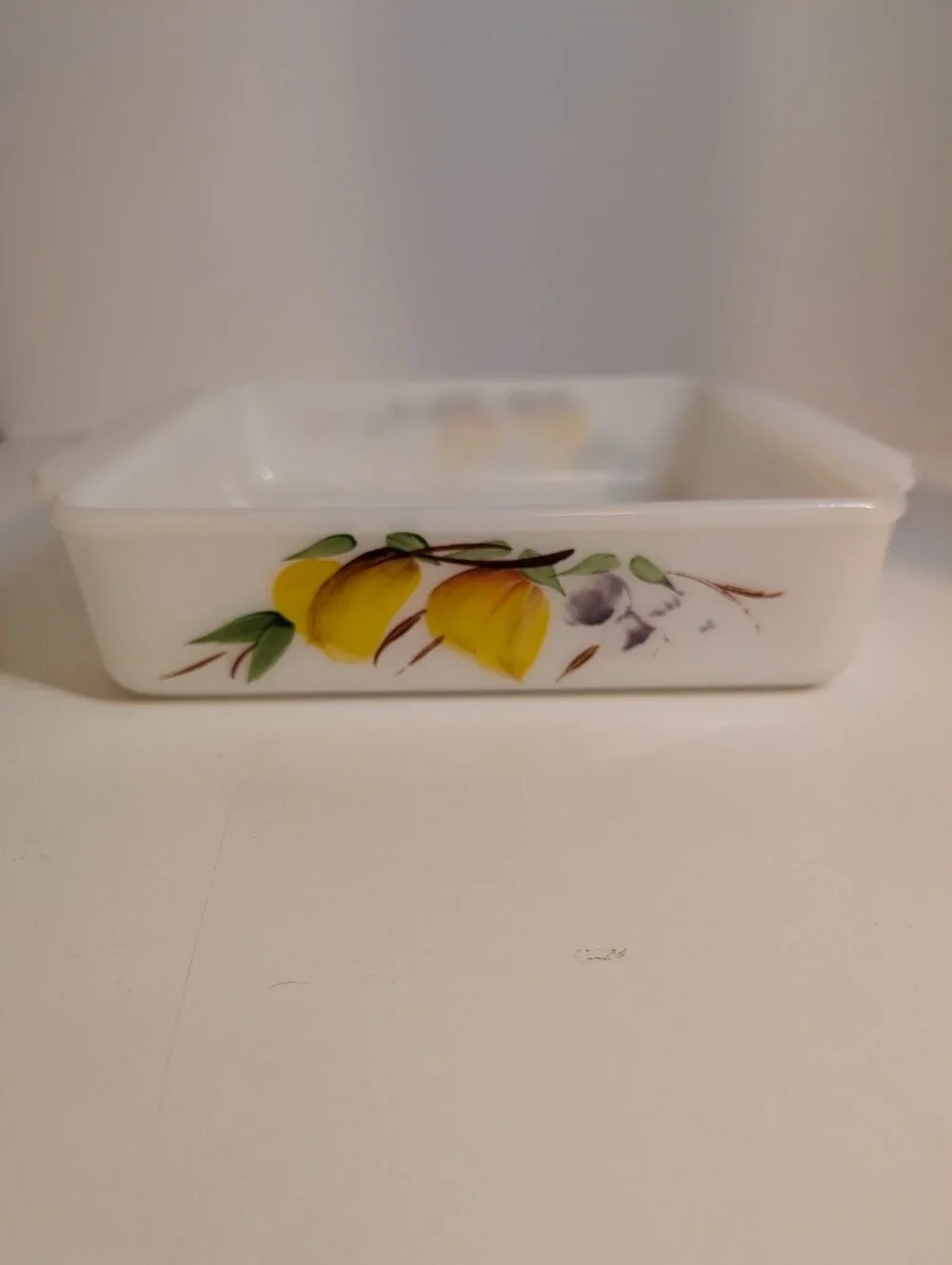Vintage White Glass Baking Dish with Yellow Fruit Motif Fire King
